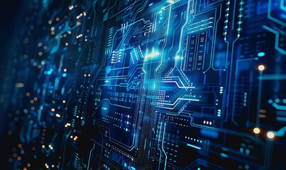 Obraz premium Digital abstract background with blue technology graphics and interconnected circuits