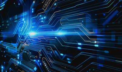 Obraz premium Digital abstract background with blue technology graphics and interconnected circuits