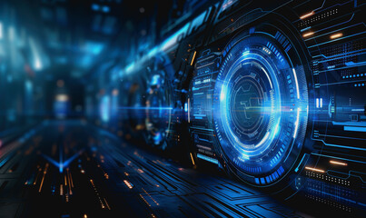 Obraz premium Digital abstract background with blue technology graphics and interconnected circuits