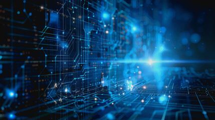 Cyber themed digital background with blue glowing lines and interconnected circuits.