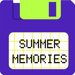 Summer memories illustration in old computer aesthetic. pixel text. y2k vector illustration. Fashion patch, badge, emblem.