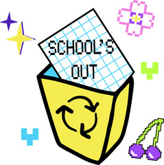 Schools out illustration in old computer aesthetic. pixel text. y2k vector illustration. Fashion patch, badge, emblem.