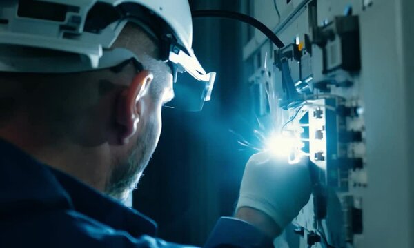 Electricity and electrical maintenance service, Engineer hand holding AC voltmeter checking electric current voltage at circuit breaker terminal and cable wiring main power distribution board.