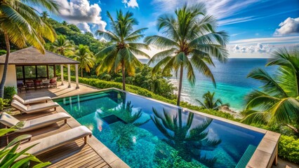Fototapeta premium Luxurious private pool villa overlooking turquoise ocean waters with lush greenery and palm trees at a tropical seaside resort paradise.