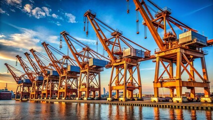 Fototapeta premium Massive steel gantry cranes towering above dockyards, dominant machines standing like sentinels, awaiting freighters' hulls for assembly and launch.