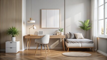 Fototapeta premium Minimalist bedroom interior with desk and chair, empty white template mockup poster on wall, showcasing art harmony card design.
