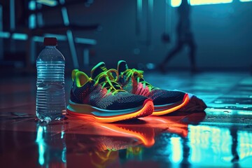 Close-up of running shoes and water bottle on a gym floor, with neon lights reflecting off the ground, perfect for fitness and sports concepts.