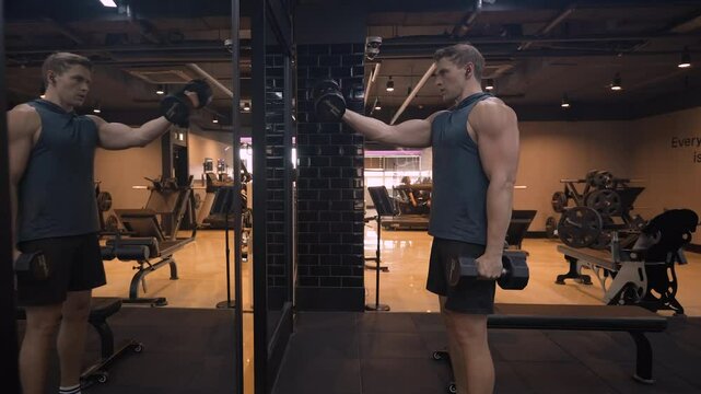 Fitness Man Standing By Mirror Training Shoulders in Empty Gym. Athlet in 30s Doing Front Dumbbell Raise Exercise in Health Club