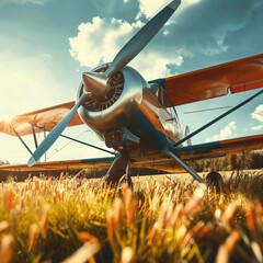 Classic propeller aircraft, pristine and sunlit, resting on a lush grassy field in delightful summer conditions.