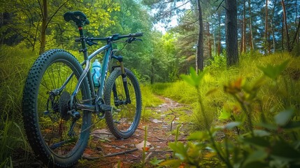 Fototapeta premium Serene Mountain Bike Ride - Minimalist Rustic Geometric Composition with Vibrant Colors at Eye Level in HDR