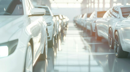 White, futuristic cars neatly arranged in a well-lit automotive showroom, reflecting sleek lines and high-tech innovation.