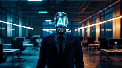 A business man with AI head working alongside an artificial intelligence cyborg in an office setting, depicting the future of work and the integration of AI in the workforce.