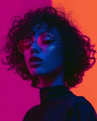 Obraz premium portrait of a woman with curly hair in a studio with neon lighting 