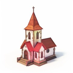 Fototapeta premium 3D Render, Low Poly style of a quaint country church, on isolated white background, Generative AI