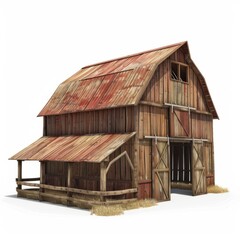 Naklejka premium 3D Render, Low Poly style of a rustic barn, on isolated white background, Generative AI
