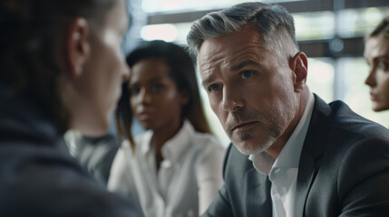 A professional, serious-looking man listens attentively during a business meeting, with focus and determination evident on his face.