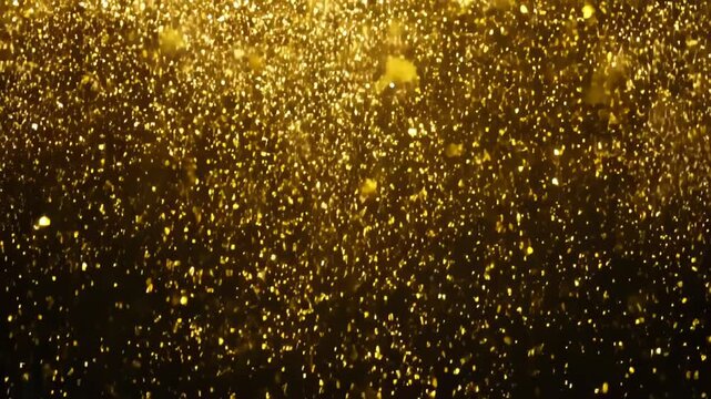 Shower of golden glitter confetti against dark background. Shimmering particles creating festive atmosphere. Luxury celebration concept with sparkling gold flakes floating in air.	