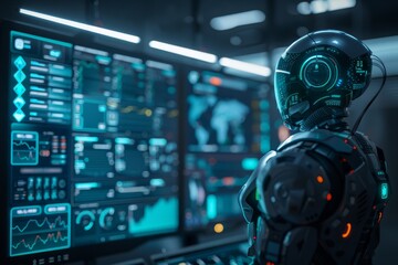 Future healthcare concept: humanoid medical robot analyzing virtual chart, advanced medical technology, artificial intelligence development