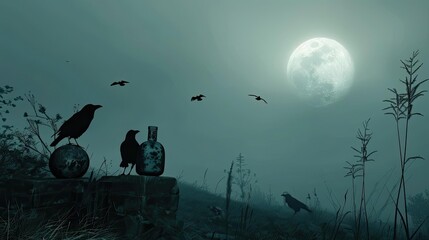 Eerie night scene with ravens, full moon, and misty landscape. Perfect for Halloween or gothic-themed projects.