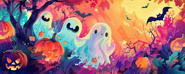 Fototapeta premium Vibrant Halloween scene featuring playful ghosts, carved pumpkins, and spooky bats in a whimsical, colorful forest setting.