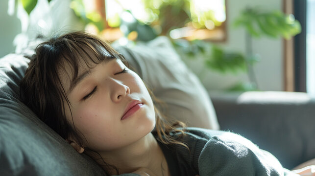 昼寝をしている若い女性