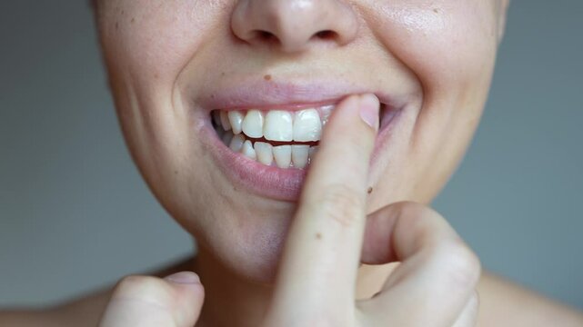 Close up of a young caucasian woman applying mineralising gel to teeth for strengthening, restoring and whitening on a dark grey background. Dental care, treatment. Prevention of sensitive teeth