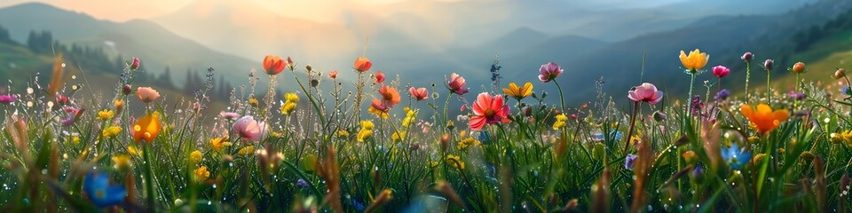 Floral Delights in Morning Dew on Mountain Meadow