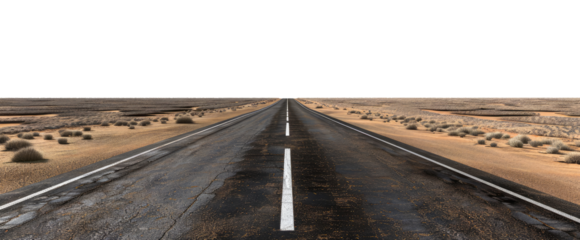 Empty straight asphalt road in the desert, isolated on transparent background