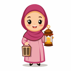 Cute Girl Moslem Holding Lantern And Al- Qur’an Cartoon Vector Icon Illustration. People Religion Icon Concept Isolated Premium Vector. Flat Cartoon Style
