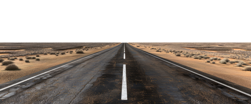 Empty straight asphalt road in the desert, isolated on transparent background