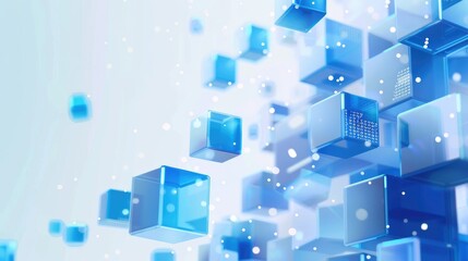 Blue cubes floating in the air against a white background, with a technological style background featuring digital data and icons in a light blue color scheme