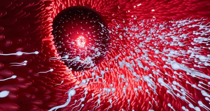 The sperm is directed towards the egg. To do human mating. A pre-fertilization model between an egg and a sperm. 3D Rendering.