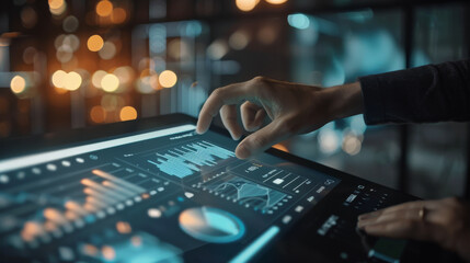 A hand navigates a futuristic digital interface with financial charts and data, set against a bokeh background of floating lights.