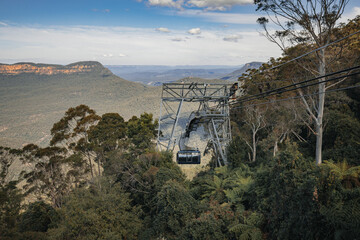Cableway cable car descending into the Jamison Valley in the Blue Mountains, Australia