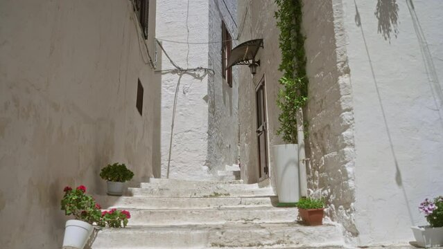 Charming narrow alleyway in ostuni, puglia, italy, with whitewashed walls, potted plants, and bright sunlight.