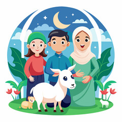 Naklejka premium Cute Family Moslem Playing With Sheep Cartoon Vector Icon Illustration. People Animal Icon Concept Isolated Premium Vector. Flat Cartoon Style
