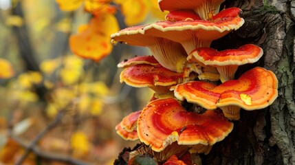 Edible mushrooms in red and orange colors growing on a tree trunk with space for text