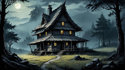 Hut in Shadowed Woods: A Mystical Retreat Awaits Fantasy  wallpaper