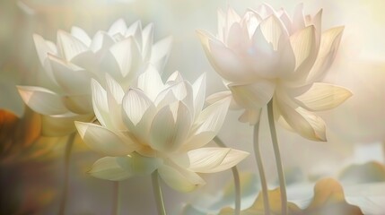 Obraz premium Pastel white lotus flowers on a white background, conveying the atmosphere of romance and tenderness.