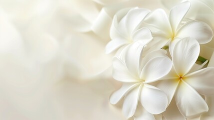 Pastel white frangipani flower tied with white ribbon on a white linen background, conveying the atmosphere of romance and tenderness.