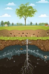 A drawing of a tree with a hole in the ground below it. The drawing is of a landscape with a house in the background.