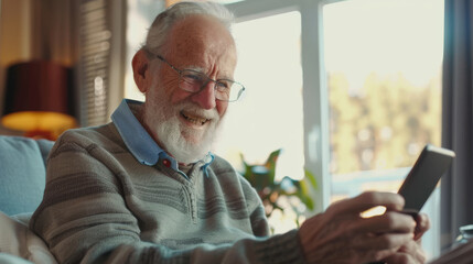 A cheerful elderly man with a white beard and glasses enjoys using his smartphone while sitting by a sunlit window in a cozy room.