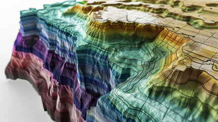 A detailed 3D topographic map showcasing various elevations and terrains, depicted in vibrant colors with intricate depth and texture.