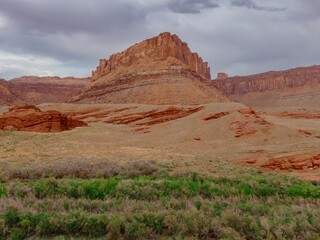 Canyon, green trees and buttes in Moab, Utah, United States of America.