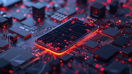Fototapeta premium microchip on screen of mobile phone, programming microcontroller concept, artificial intelligence ai icon, smartphone application