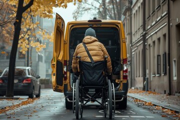 A person in a wheelchair boarding a yellow van on an autumn street. Accessibility in urban transportation.