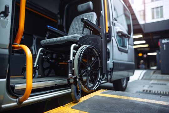 A wheelchair on a ramp of an accessible van, highlighting mobility solutions for disabled individuals.