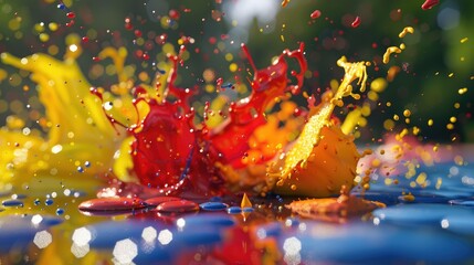 Multiple colors of paint, collision, splashing, explosion