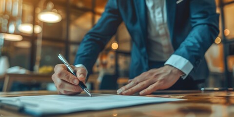 Fototapeta premium business man holding a pen signing agreement contract, ai