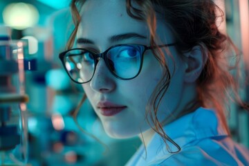 Fototapeta premium Portrait of a female scientist wearing glasses, conducting research in a modern laboratory setting